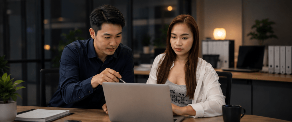 SERPWeave SEO consultant helping a business owner evaluate SEO strategy, website performance, and search visibility during a consultation