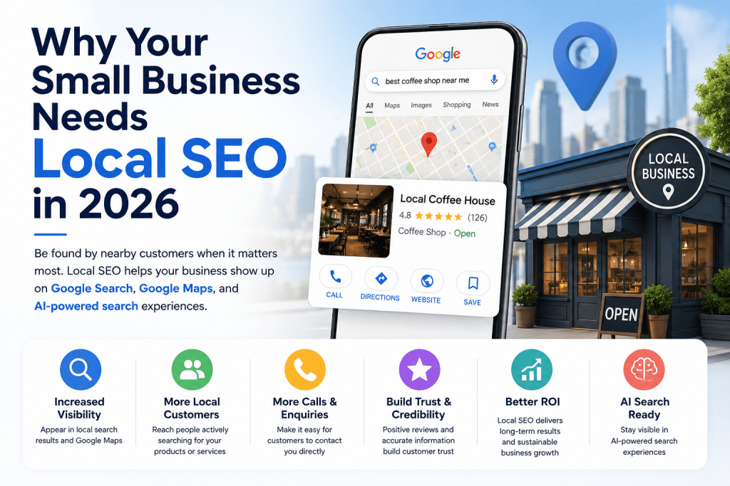Why local SEO is essential for small businesses in 2026 to improve visibility on Google Search, Google Maps, and AI-powered search.