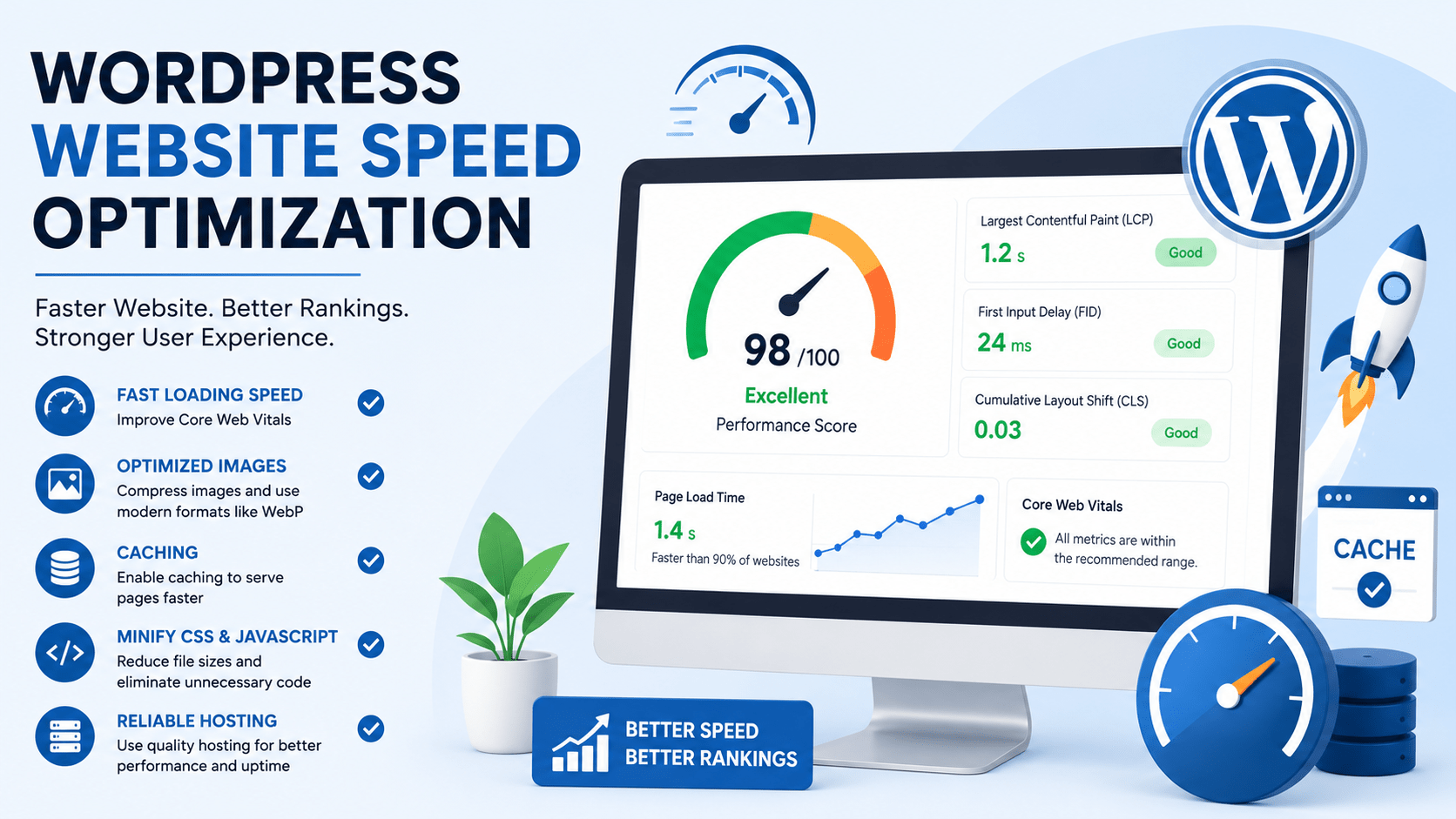 WordPress Website Speed Optimization Infographic showing Core Web Vitals, caching, image optimization, and performance improvements