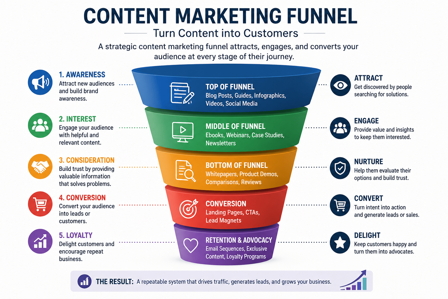 Content Marketing Funnel infographic showing the customer journey from awareness to loyalty