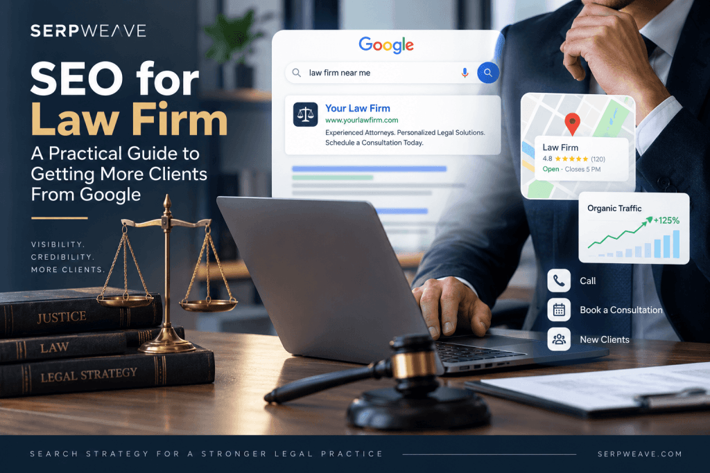 A professional law firm website appearing in Google search results, with a lawyer, laptop, Google search interface, local map pin, client inquiry/phone icons, and analytics. Modern professional legal-business aesthetic.